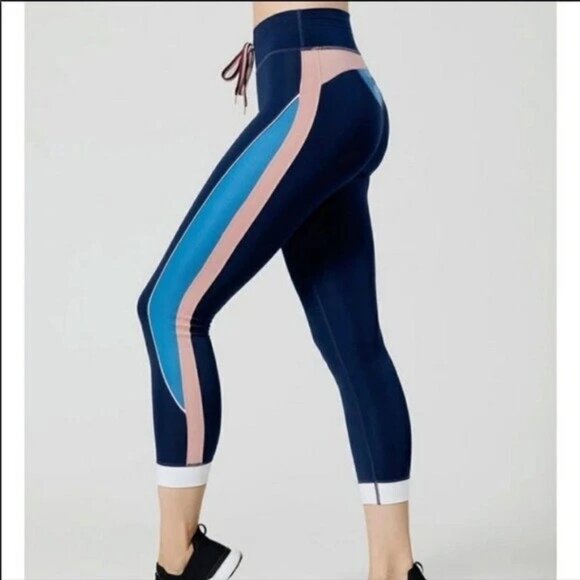 The upside side stripe drawstring navy athletic leggings and sports bra set - Picture 2 of 5